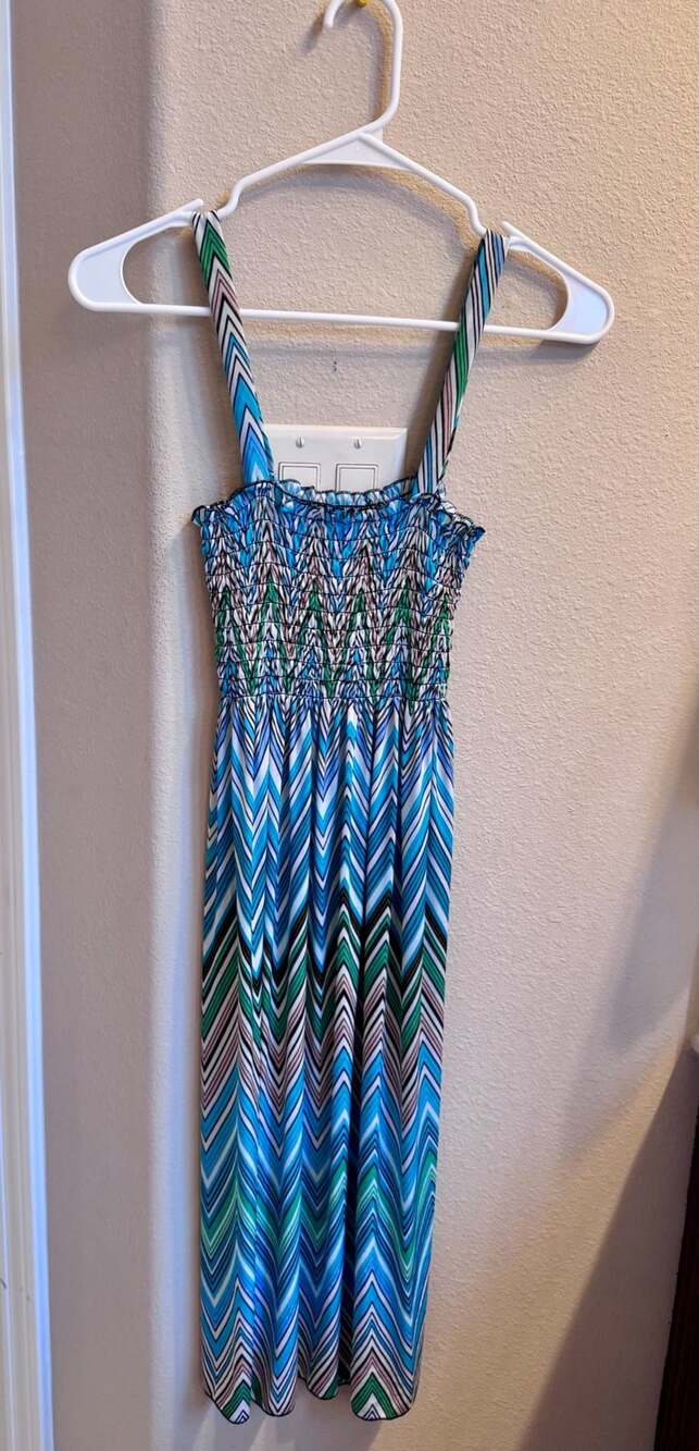 Medium Chevron Swim coverall or Dress Blue Green Smocked Bodice